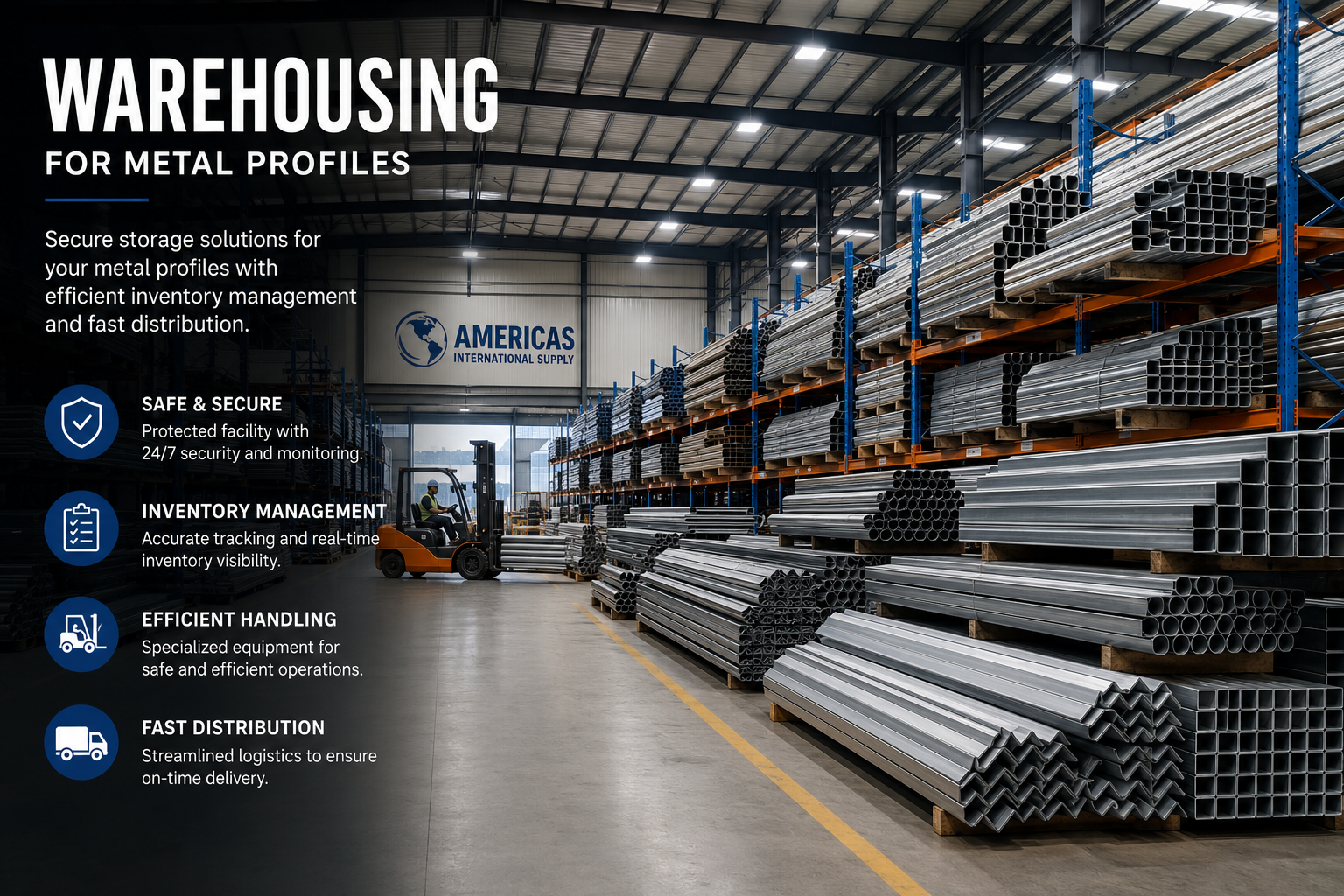 Organized storage of metal profiles in an industrial warehouse.